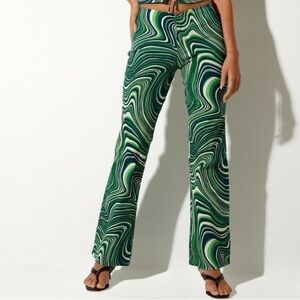 Motel Rocks Women’s Coban Trouser 70'S Ripple Green Low Rise Flare Leg Retro XS